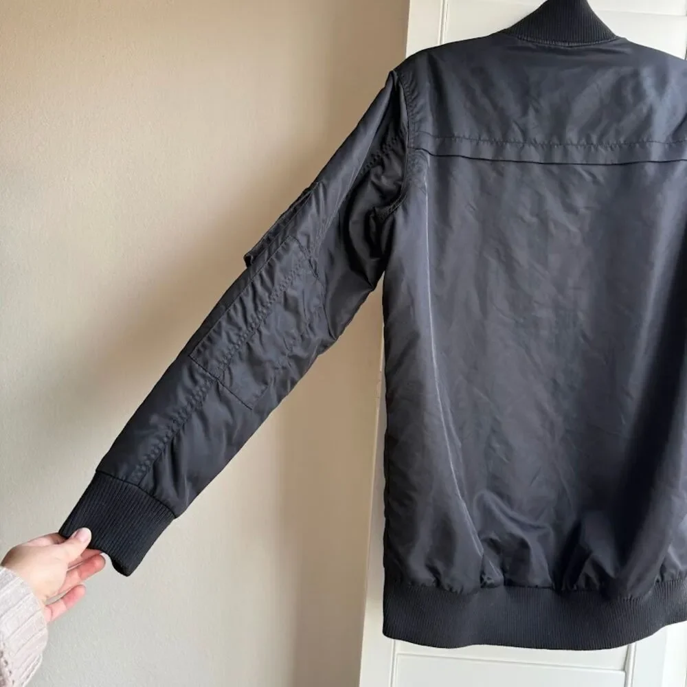 Obey Rose Embroidery Fleece-Lined Longline Black Bomber Jacket size M - Picture 4 of 12